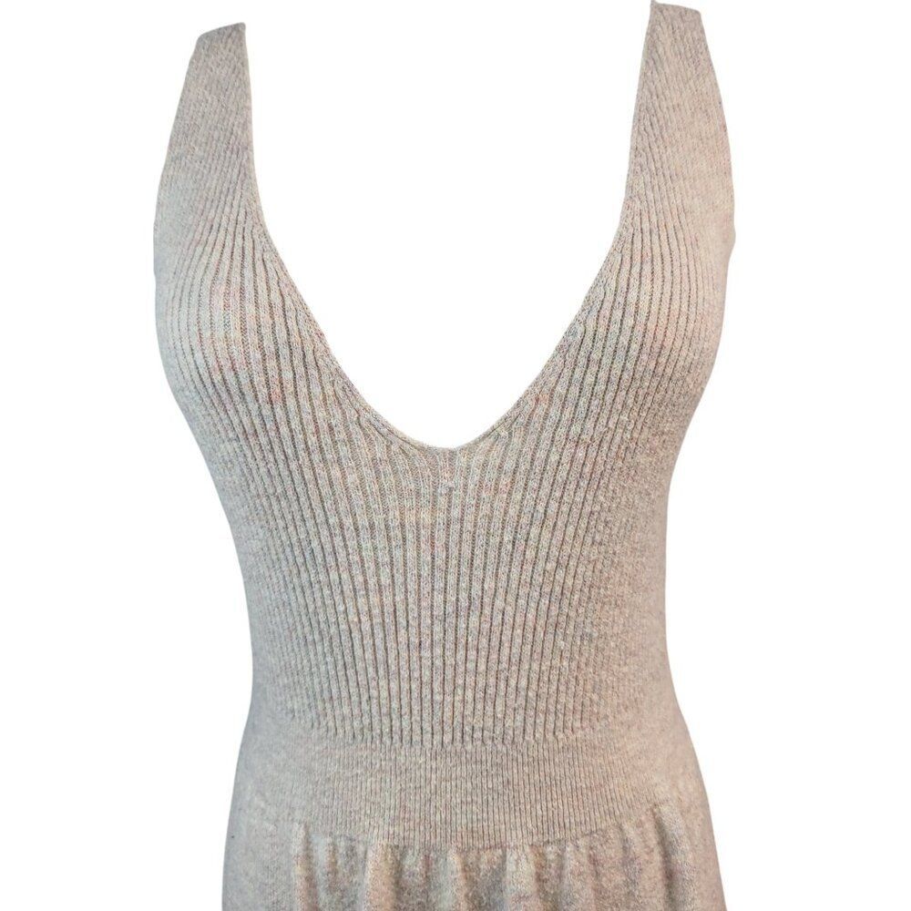 La Vie Medium Beige Cotton Knit Midi Dress RTR Ribbed Bodice Scallop Hem Party - Picture 7 of 15